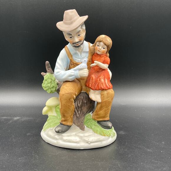 Bisque Porcelain Man and Girl with Small Bird Figurine - Picture 1 of 11